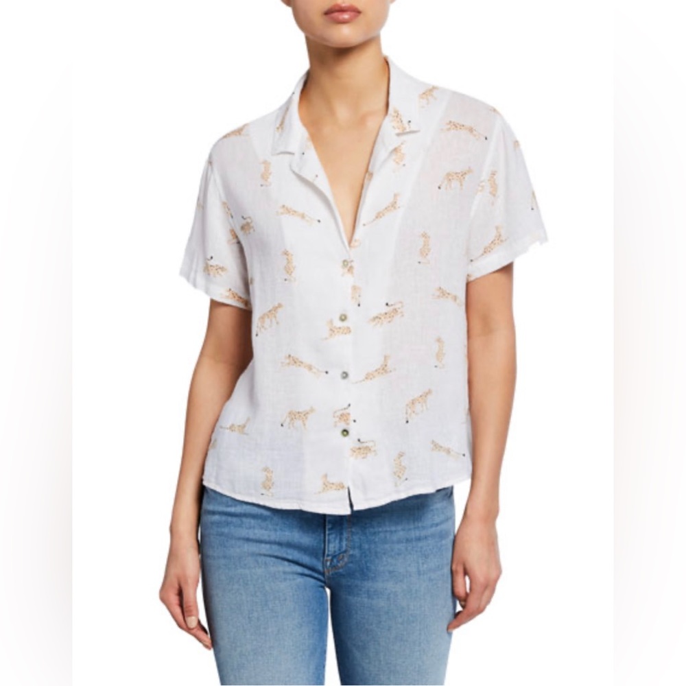 Rails Zuma Jungle Cat white print linen blend camp shirt short sleeves collar